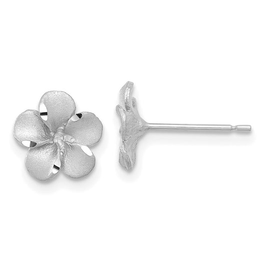 High-Quality 14K White Gold Plumeria Stud Earrings - Stylish Diamond-Cut Design