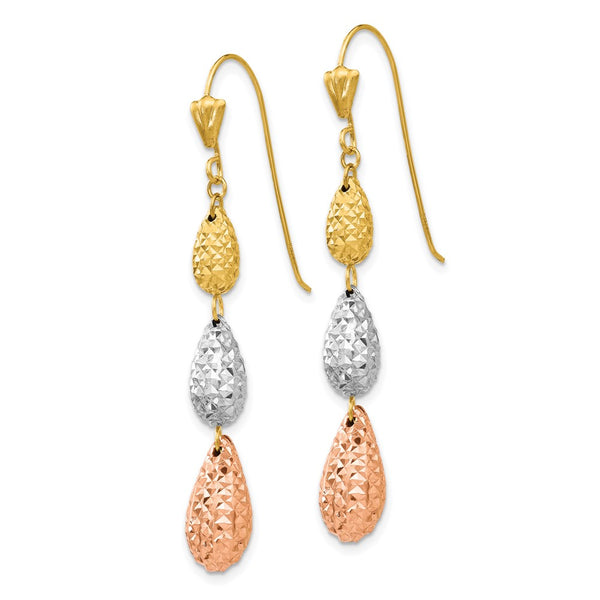 14K Tri-Color Gold Diamond-Cut Teardrop Dangle Earrings