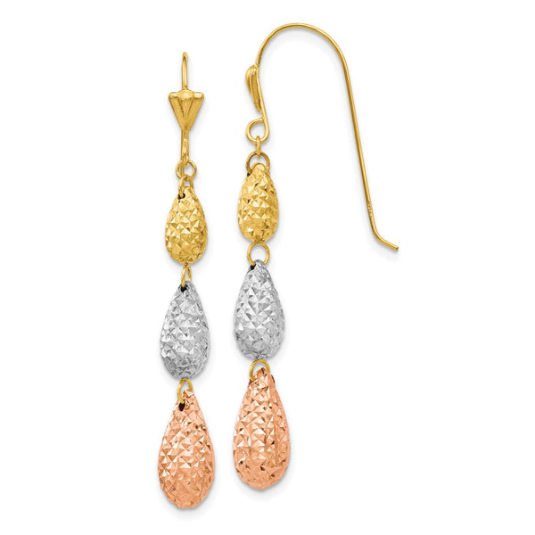 14K Tri-Color Gold Diamond-Cut Teardrop Dangle Earrings