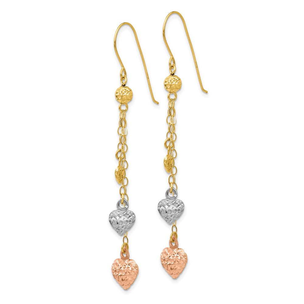 Exclusive 14K Tri-Color Heart Shaped Puff Dangle Earrings - Stylish & Affordable