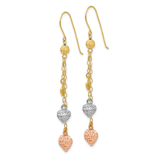 Exclusive 14K Tri-Color Heart Shaped Puff Dangle Earrings - Stylish & Affordable