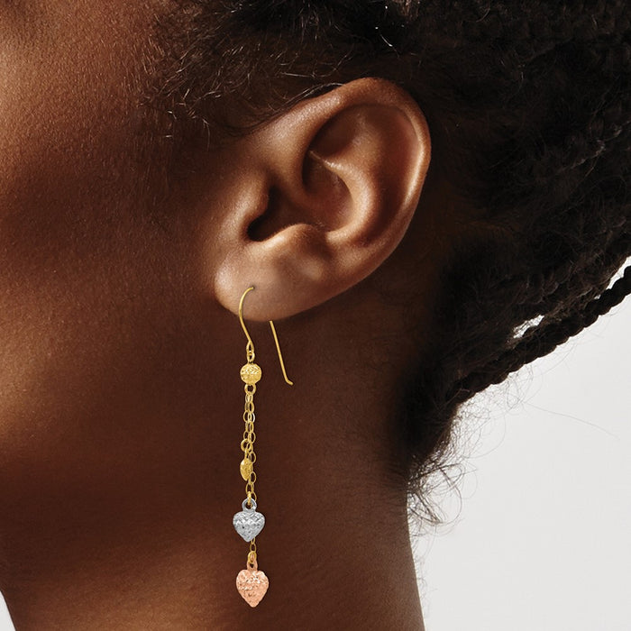 Exclusive 14K Tri-Color Heart Shaped Puff Dangle Earrings - Stylish & Affordable-3