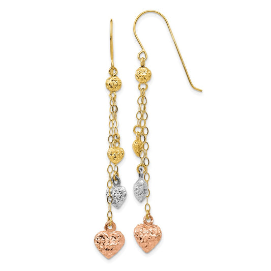 Exclusive 14K Tri-Color Heart Shaped Puff Dangle Earrings - Stylish & Affordable