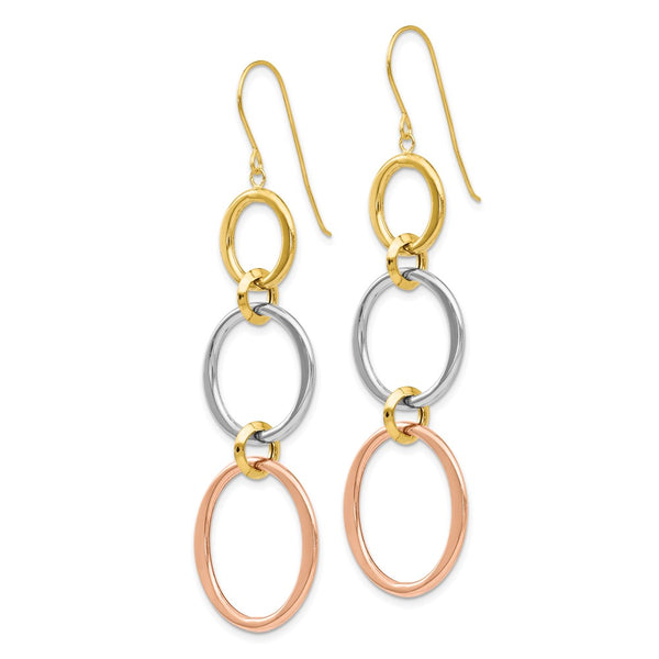14K Tri-Color Triple Hoop Dangle Earrings