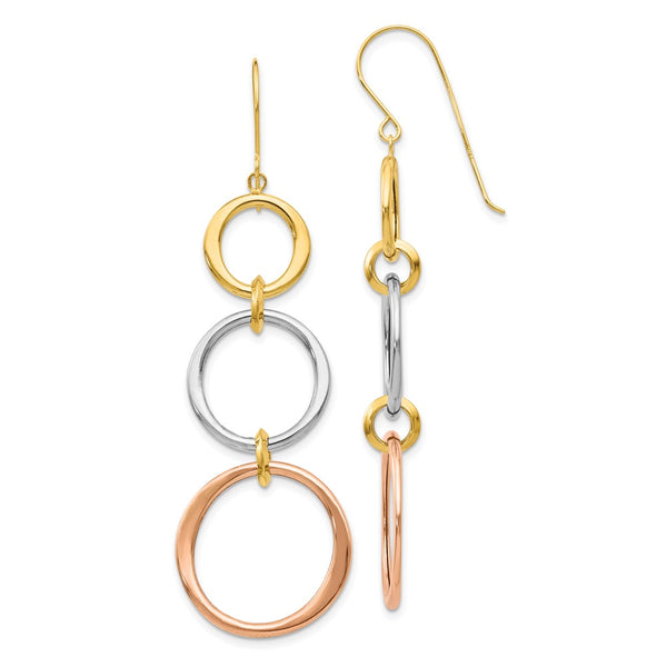 14K Tri-Color Triple Hoop Dangle Earrings