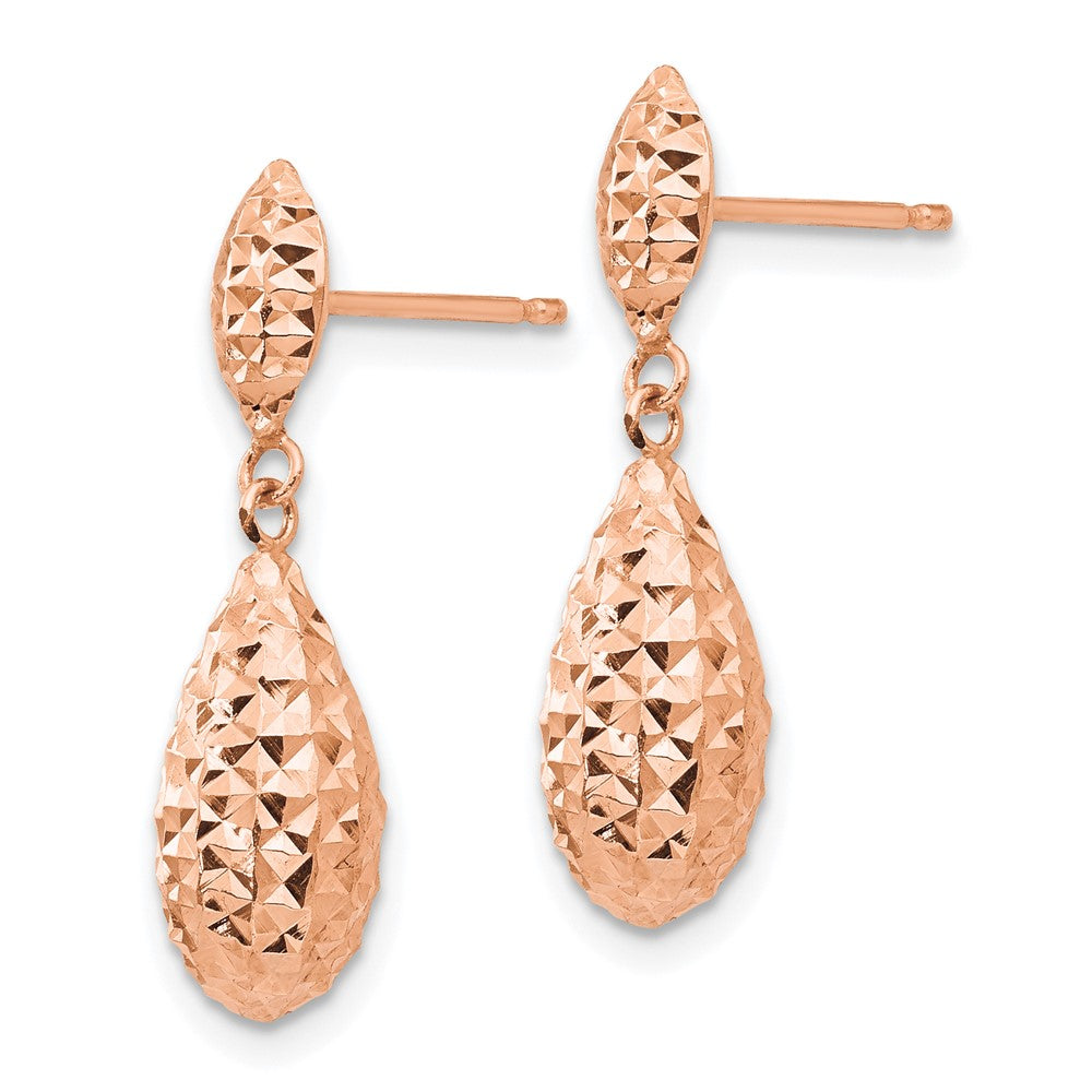 Designer 14K Rose Gold Diamond-Cut Teardrop Dangle Earrings - Stylish Puff Design