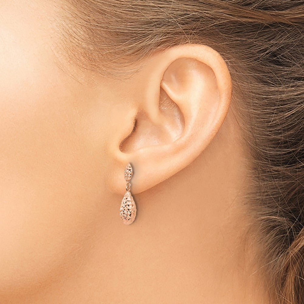 Designer 14K Rose Gold Diamond-Cut Teardrop Dangle Earrings - Stylish Puff Design