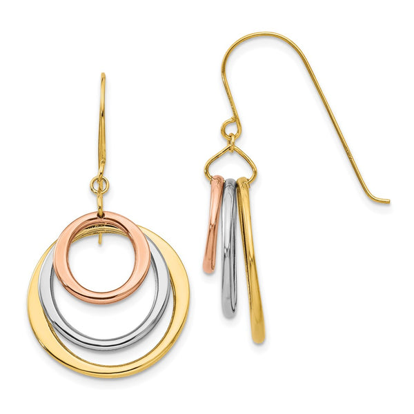 14K Tri-Color Gold Circle Dangle Earrings