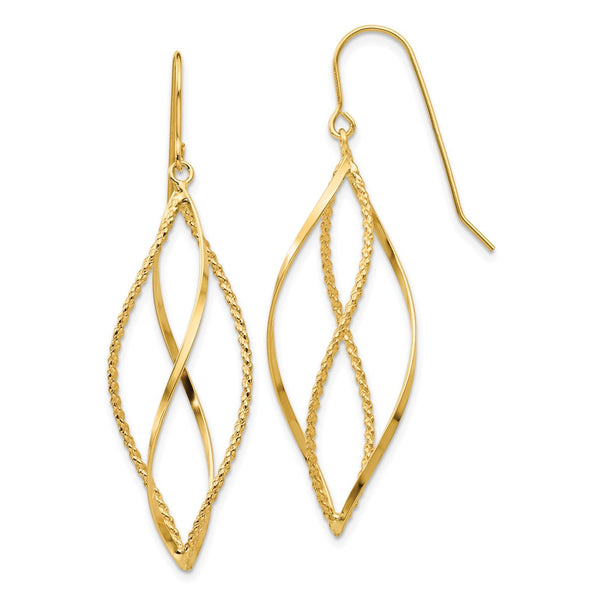 14K Gold Twisted Dangle Earrings - Polished, 1.5" Long