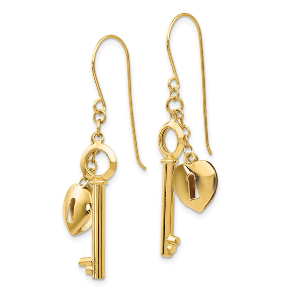 14K Gold Heart Lock and Key Puff Earrings