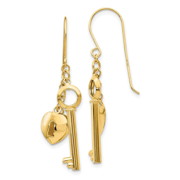 14K Gold Heart Lock and Key Puff Earrings