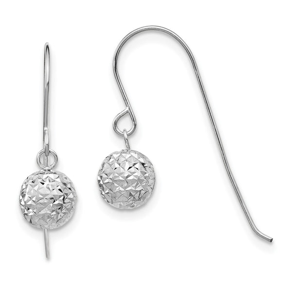 14K White Gold 6mm Diamond-Cut Ball Drop Earrings