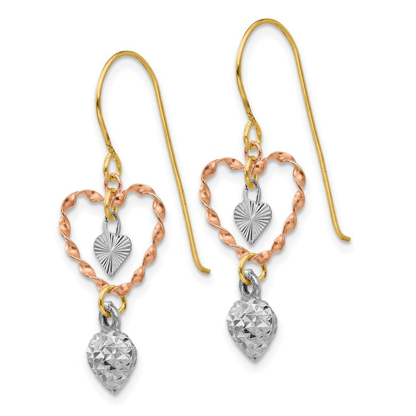 14K Tri-Color Gold Heart Dangle Earrings - Diamond Cut