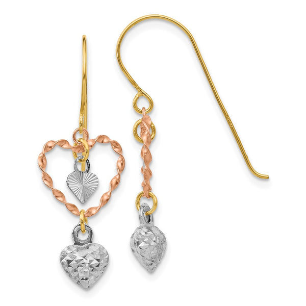14K Tri-Color Gold Heart Dangle Earrings - Diamond Cut