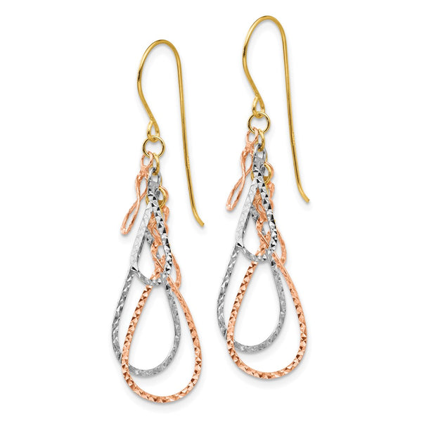 14K Tri-Color Gold Teardrop Dangle Earrings - Diamond-Cut