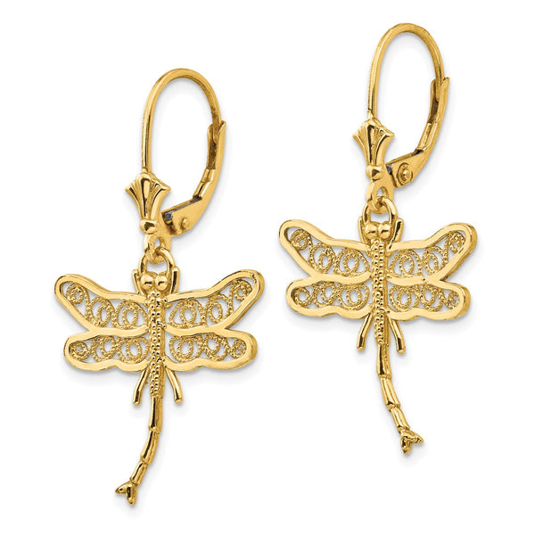 14K Gold Dragonfly Leverback Earrings - Filigree, 0.85mm