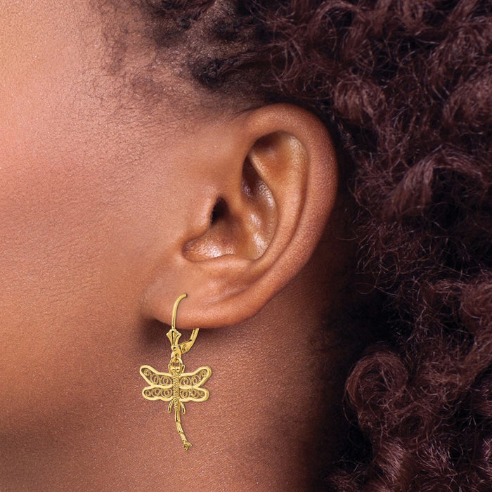 Shop 14K Gold Dragonfly Leverback Earrings - Stylish Filigree Design, 0.85mm-3