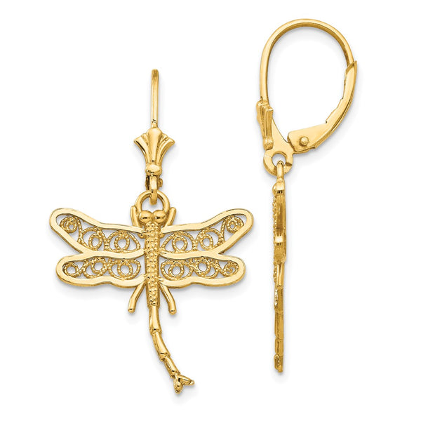 14K Gold Dragonfly Leverback Earrings - Filigree, 0.85mm