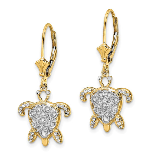 14K Gold Turtle Leverback Earrings - Filigree