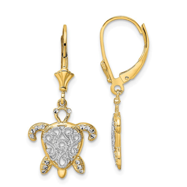 14K Gold Turtle Leverback Earrings - Filigree