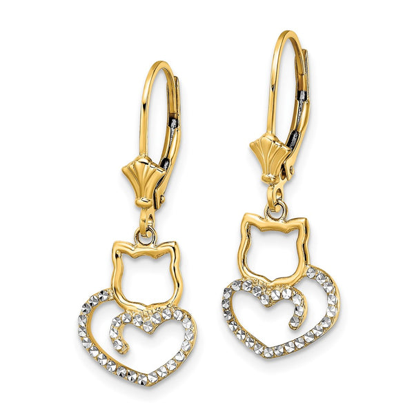 14K Gold & White Rhodium Double Cat Heart Earrings