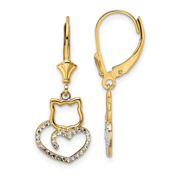 14K Gold & White Rhodium Double Cat Heart Earrings