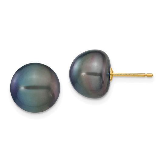 Exclusive 14K Gold Black Button Freshwater Pearl Stud Earrings - 10-11mm Value
