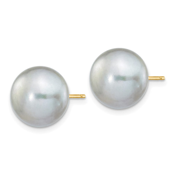 14K Gold 10-11mm Grey Button Pearl Stud Earrings