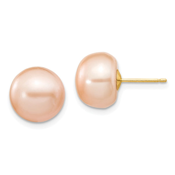 14K Gold Pink Button Freshwater Pearl Stud Earrings - 10-11mm