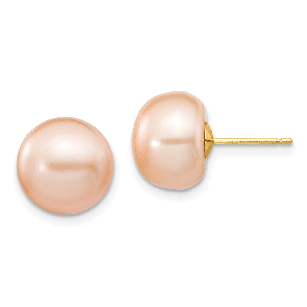 Designer 14K Gold Pink Button Freshwater Pearl Stud Earrings - Affordable Luxury 10-11mm
