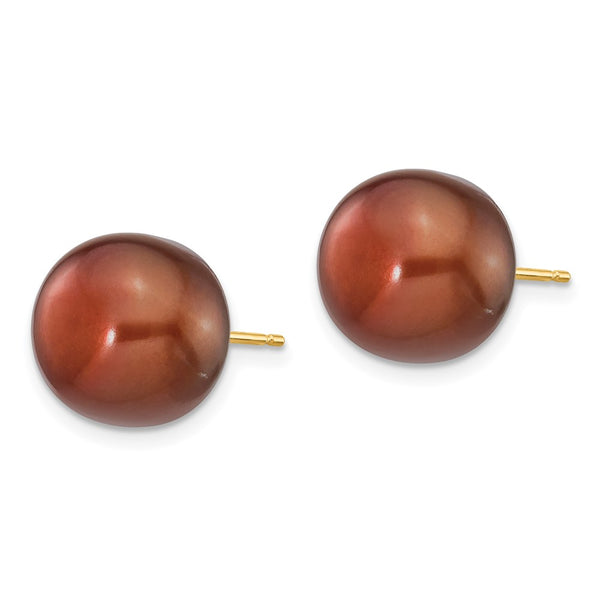 14K Gold 11-12mm Brown Pearl Stud Earrings