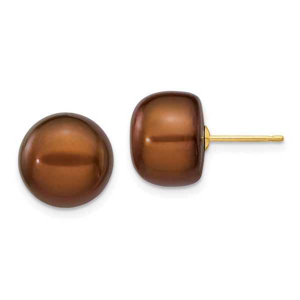 14K Gold 11-12mm Brown Pearl Stud Earrings