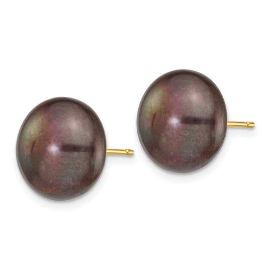 Luxury 14K Gold Black Button Freshwater Pearl Stud Earrings - 12-13mm Size
