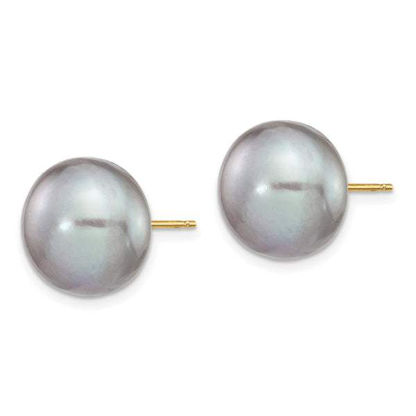 14K Gold Grey Button Freshwater Pearl Stud Earrings, 12-13mm