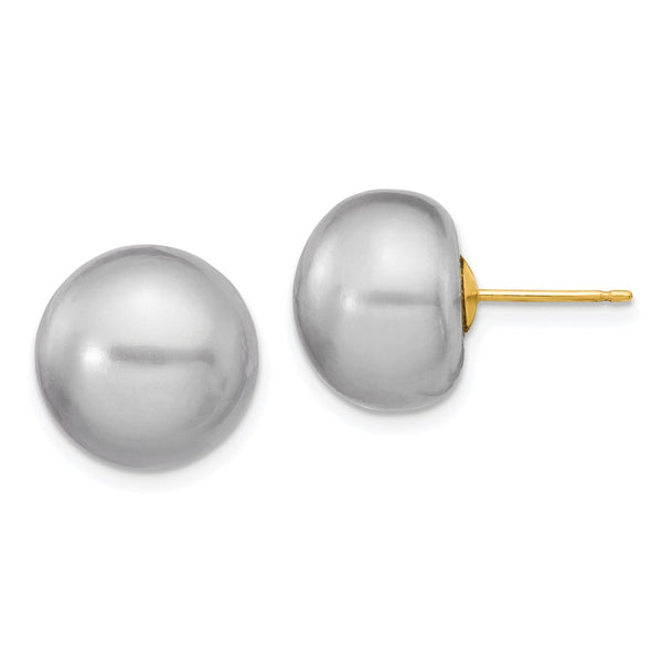 14K Gold Grey Button Freshwater Pearl Stud Earrings, 12-13mm