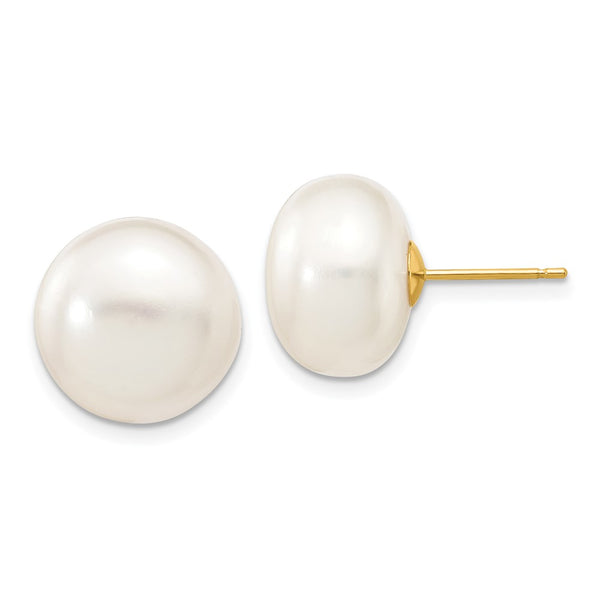 14K White Gold Freshwater Pearl Button Stud Earrings 12-13mm