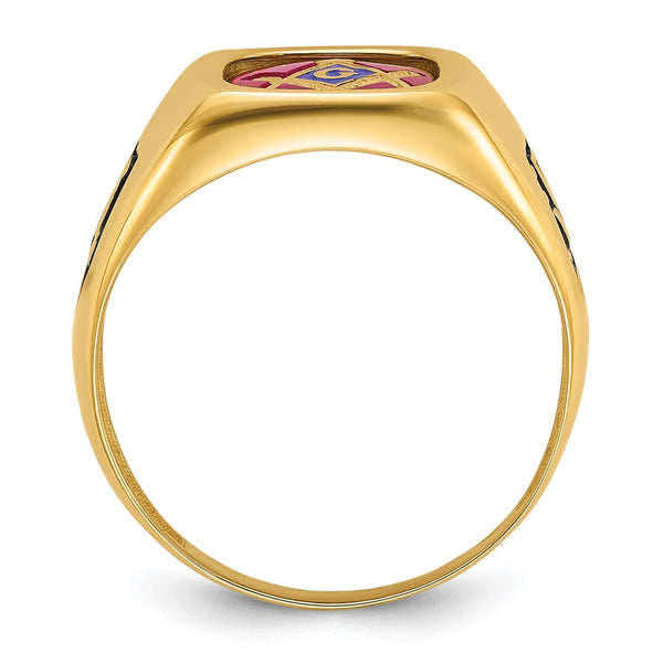 14K Men's Masonic Ring - Polished Texture, Black Enamel, Ruby