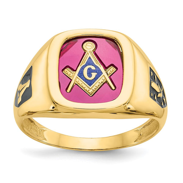 14K Men's Masonic Ring - Polished Texture, Black Enamel, Ruby
