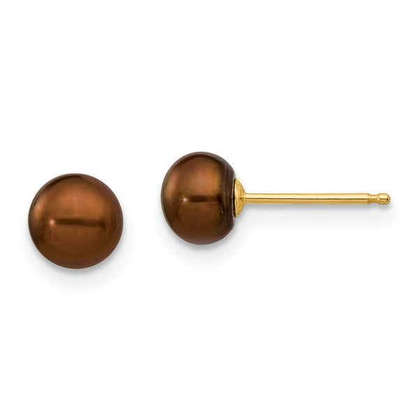 14K Gold Brown Button Pearl Stud Earrings - 5-6mm