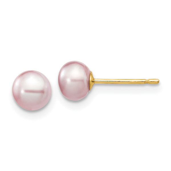 14K Gold 5-6mm Purple Button Pearl Stud Earrings