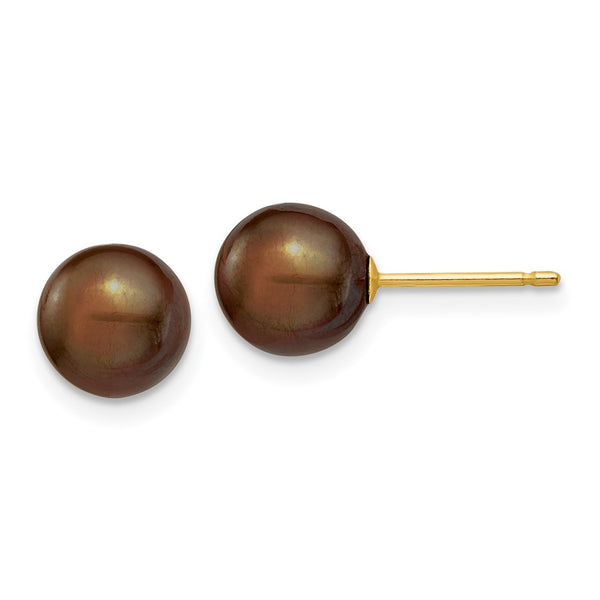 14K Gold Brown Freshwater Pearl Earrings - 7-8mm
