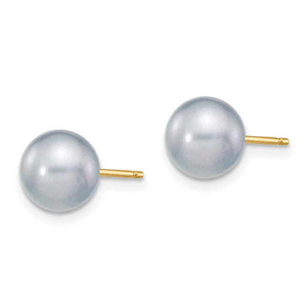 14K Gold Grey Round Freshwater Pearl Earrings - 7-8mm