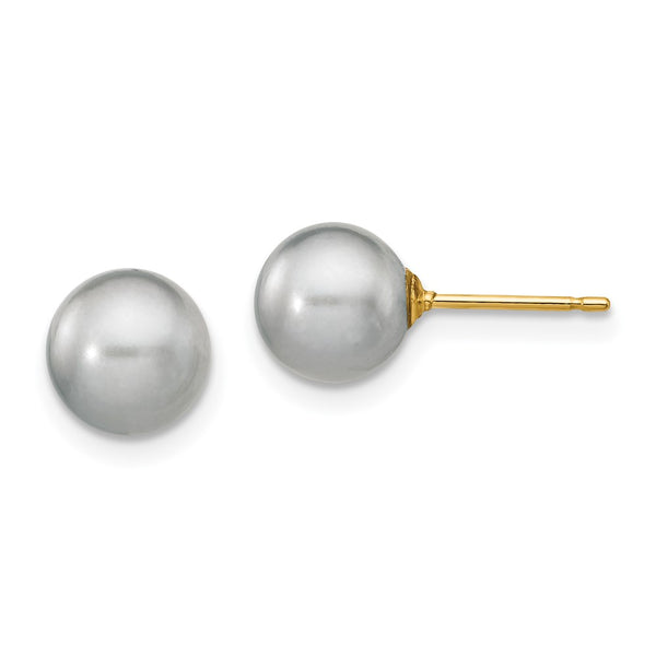 14K Gold Grey Round Freshwater Pearl Earrings - 7-8mm