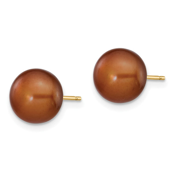 14K Gold Brown Button Freshwater Pearl Stud Earrings 8-9mm