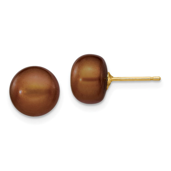 14K Gold Brown Button Freshwater Pearl Stud Earrings 8-9mm