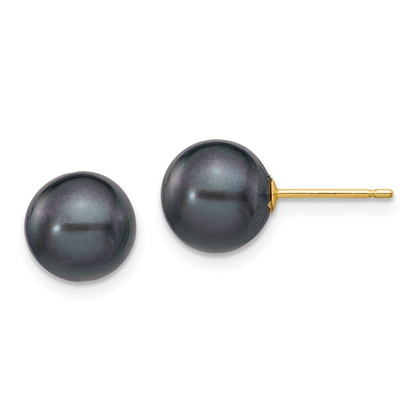 14K Gold Black Round Freshwater Pearl Earrings - 8-9mm