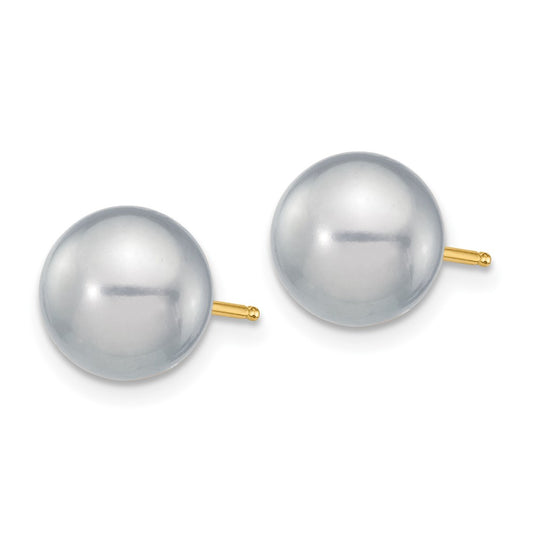 Designer 14K Gold Grey Round Freshwater Pearl Stud Earrings - 8-9mm Luxury