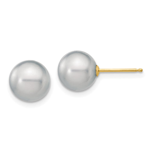 Designer 14K Gold Grey Round Freshwater Pearl Stud Earrings - 8-9mm Luxury