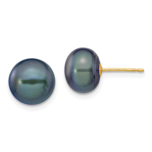 Exclusive 14K Gold Black Button Pearl Stud Earrings - 9-10mm, Stylish Value!