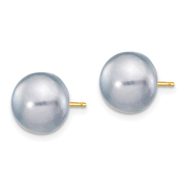 14K Gold Grey Button Pearl Stud Earrings - 9-10mm